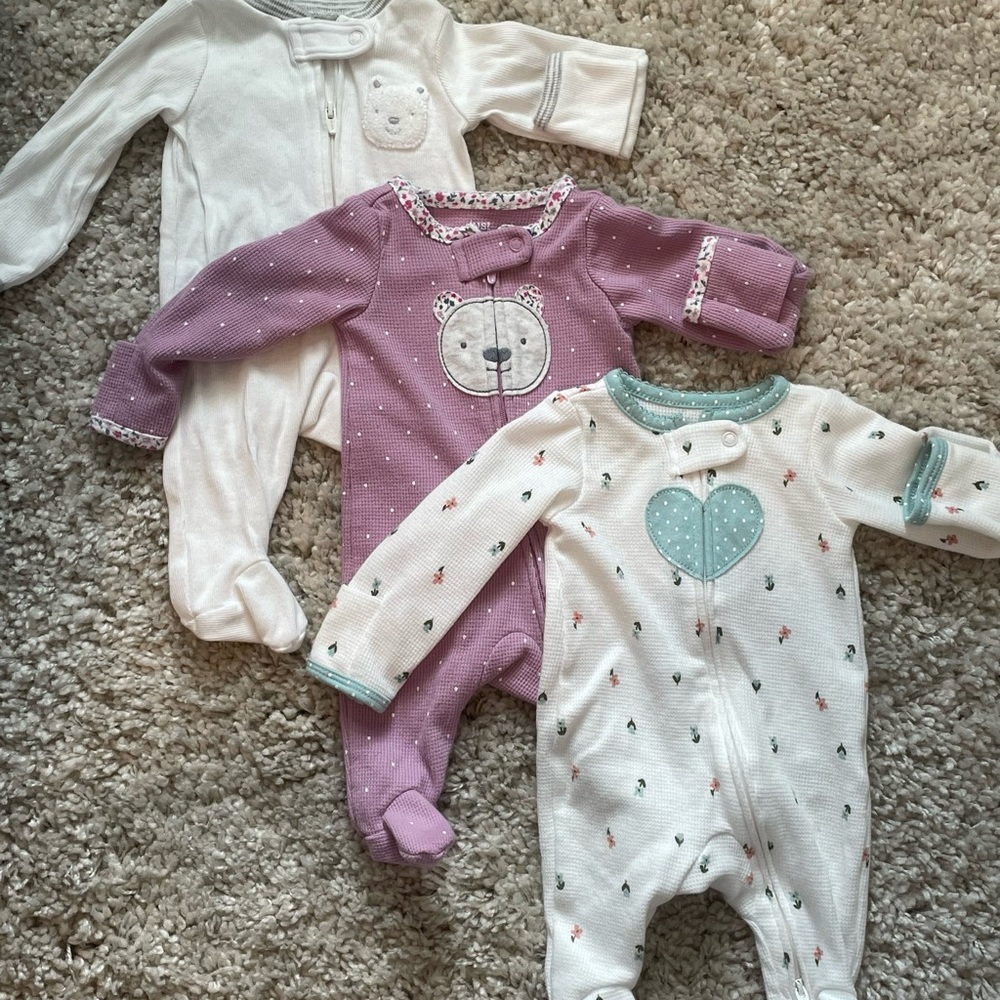 Carters set of 3 zip front waffle footies - white, purple, floral (Size Newborn)